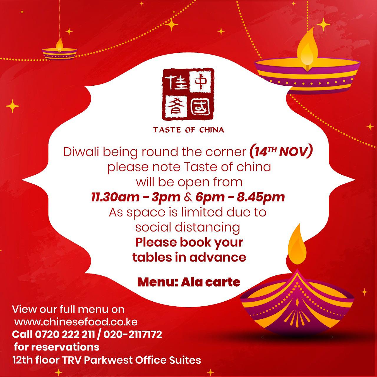 Opening Times Diwali Taste Of China Nairobi Restaurant