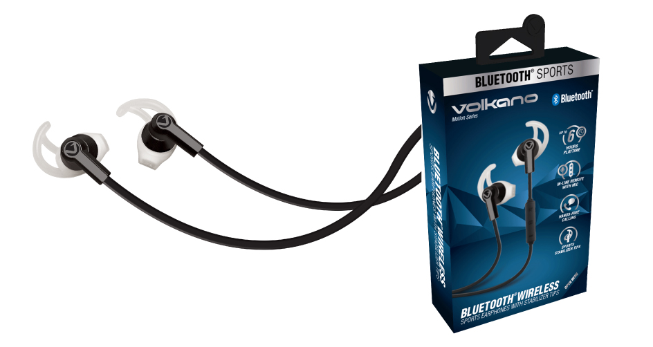 Volkano Motion Series Black Bluetooth Earphones With Wings/ Hooks