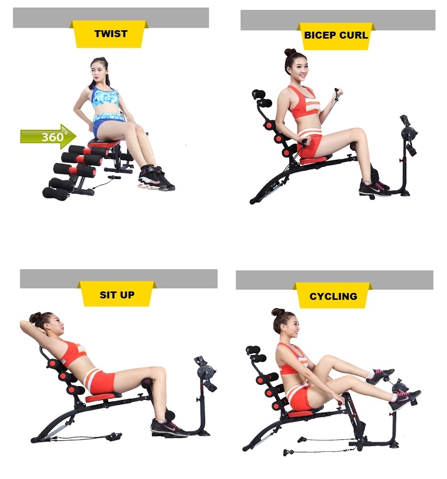 Six Pack Fitness, Full Abdominal, crunch and Sit-Up Exerciser - Lean Body Maximizer. Attached Cycle Workouts namely : cyling, oblique twists, crunches, reverse crunches, lower ab press, stretch, push ups, lateral raise, arm lift sit-ups etc. Allows 20 different types of workout, Perfect for those with back problem AB Exerciser installation AB Exerciser installation AB Exerciser installation ABS exerciser installation
