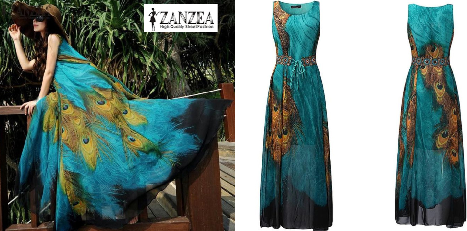 Zanzea Fashion Women Vintage Bohemia Ladies Sleeveless Floral Print Summer Beck Loose Long Maxi Dress - Blue - XL