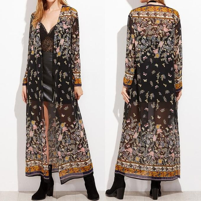 Zanzea Vintage Womens Long Sleeve Boho Floral Printed Chiffon Kimono V-Neck Summer Beach Maxi Long Jacket Cardigan Tops