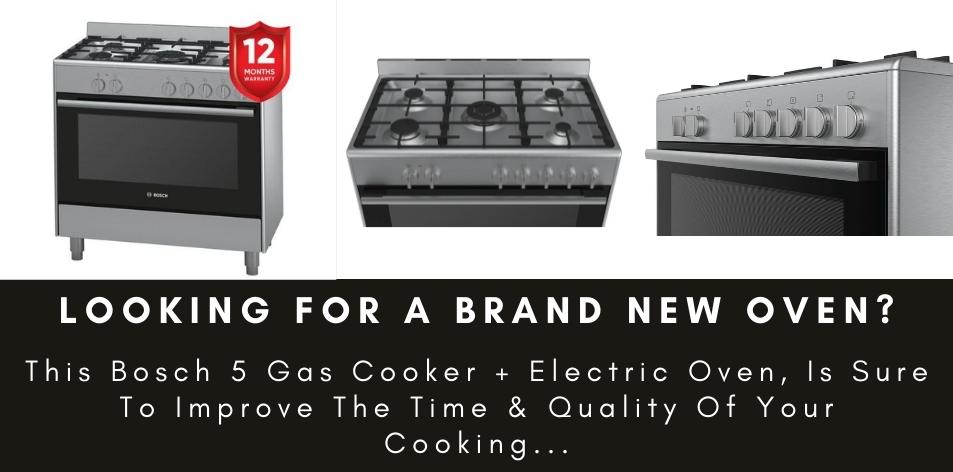 Bosch Presents- The HSB734357Z- 5 Gas Cooker + Electric Oven, 90CM - Silver